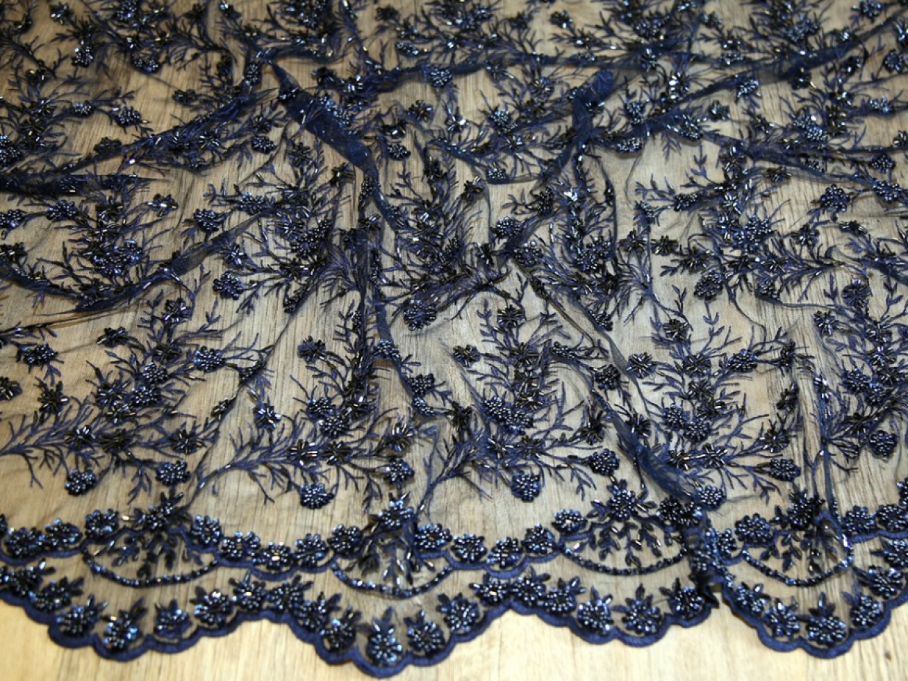 Beaded Embroidered Tulle Lace Fabric Navy Blue