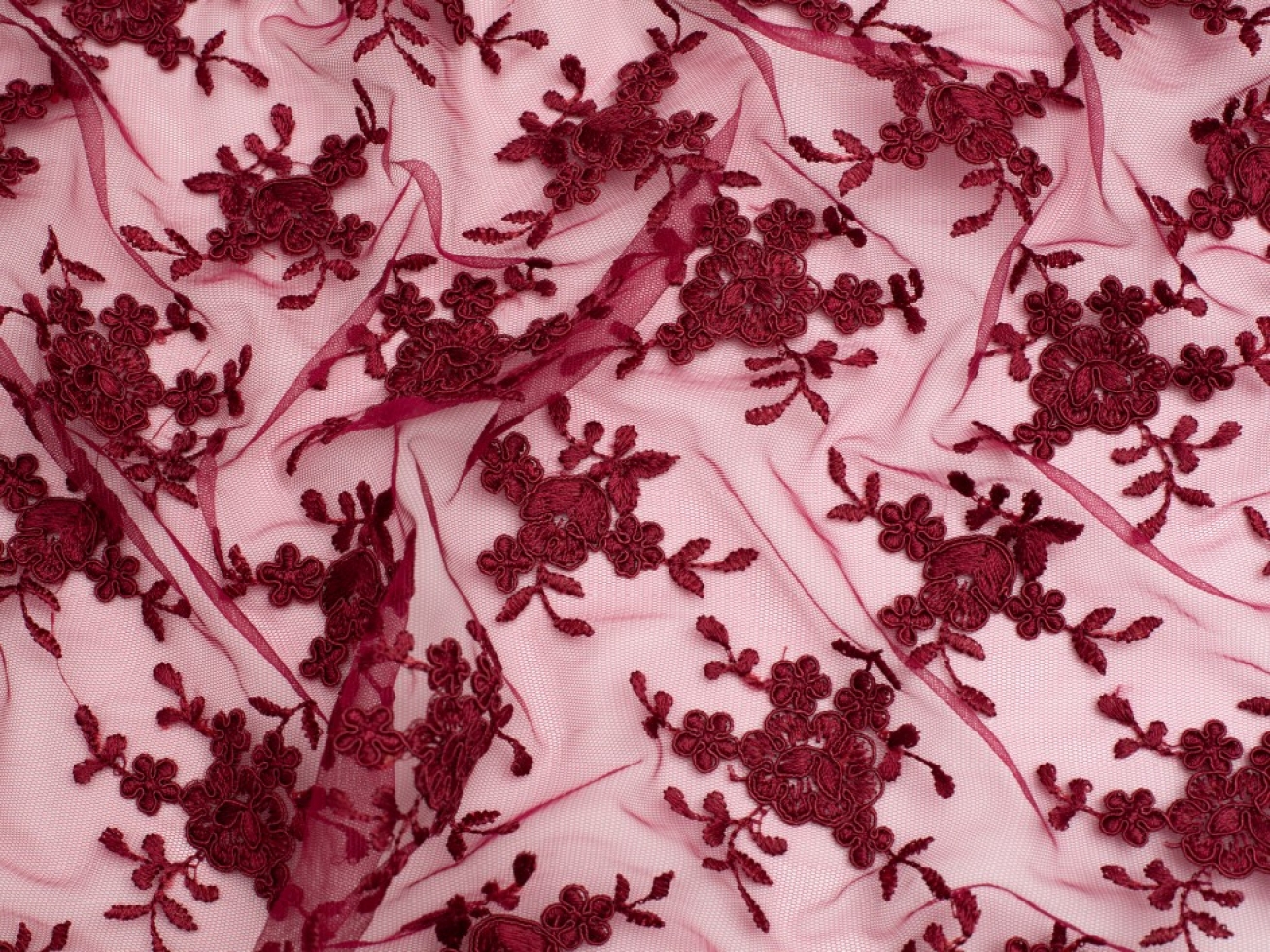 Minerva Core Range Embroidered Tulle Lace Fabric Burgundy