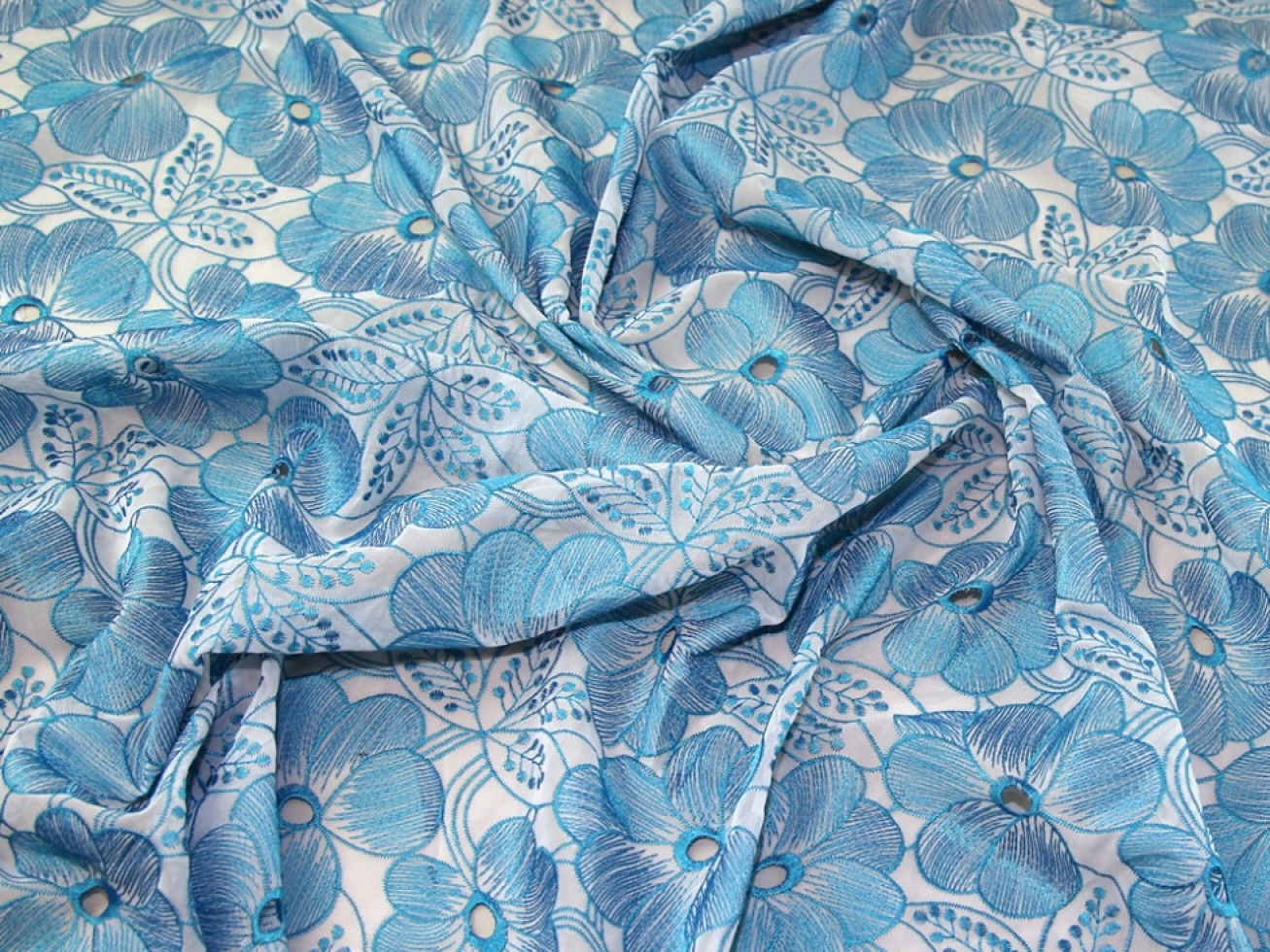 Embroidered Voile Fabric Turquoise