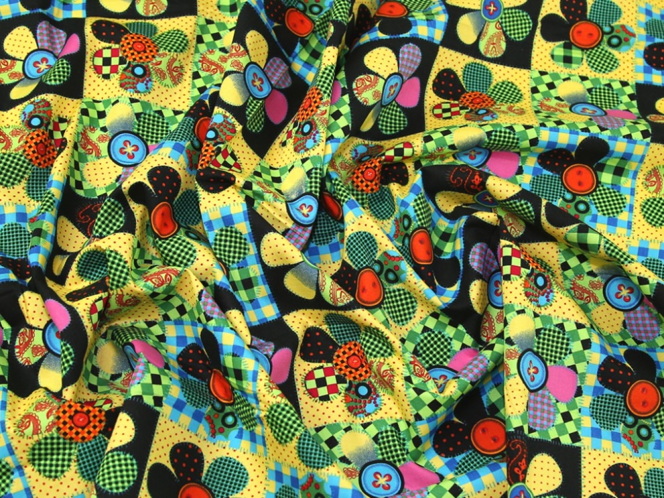 100% Cotton Poplin Fabric Yellow & Turquoise