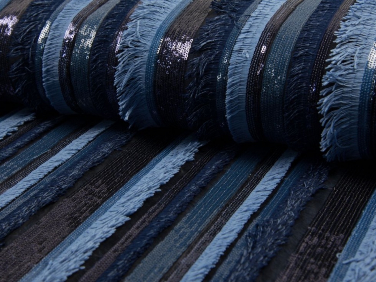 Sequin Mesh Fabric Jeans Blue