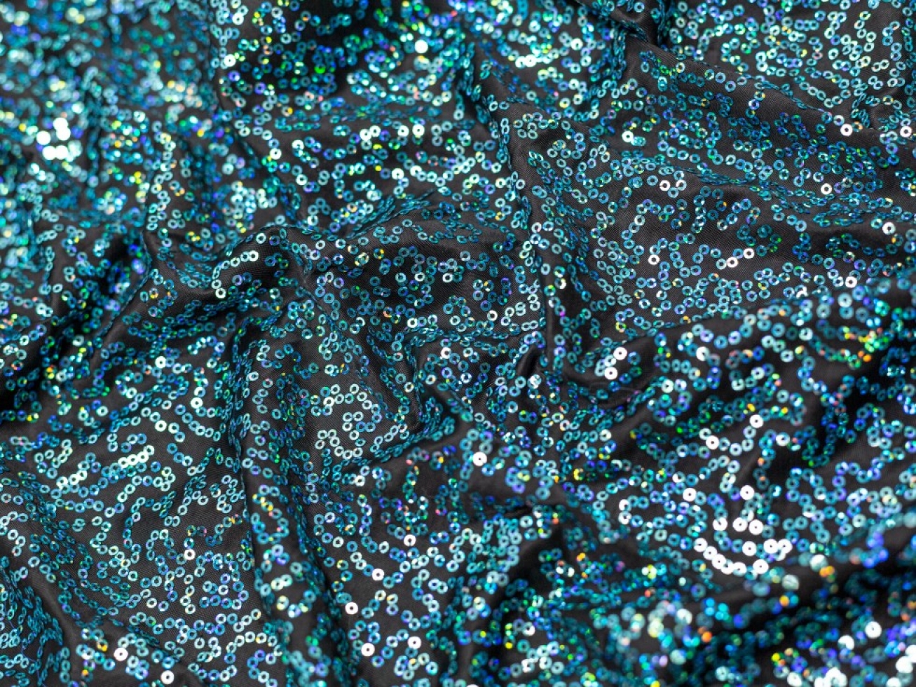 Minerva Core Range Sequin ITY Silky Stretch Knit Fabric Black & Turquoise