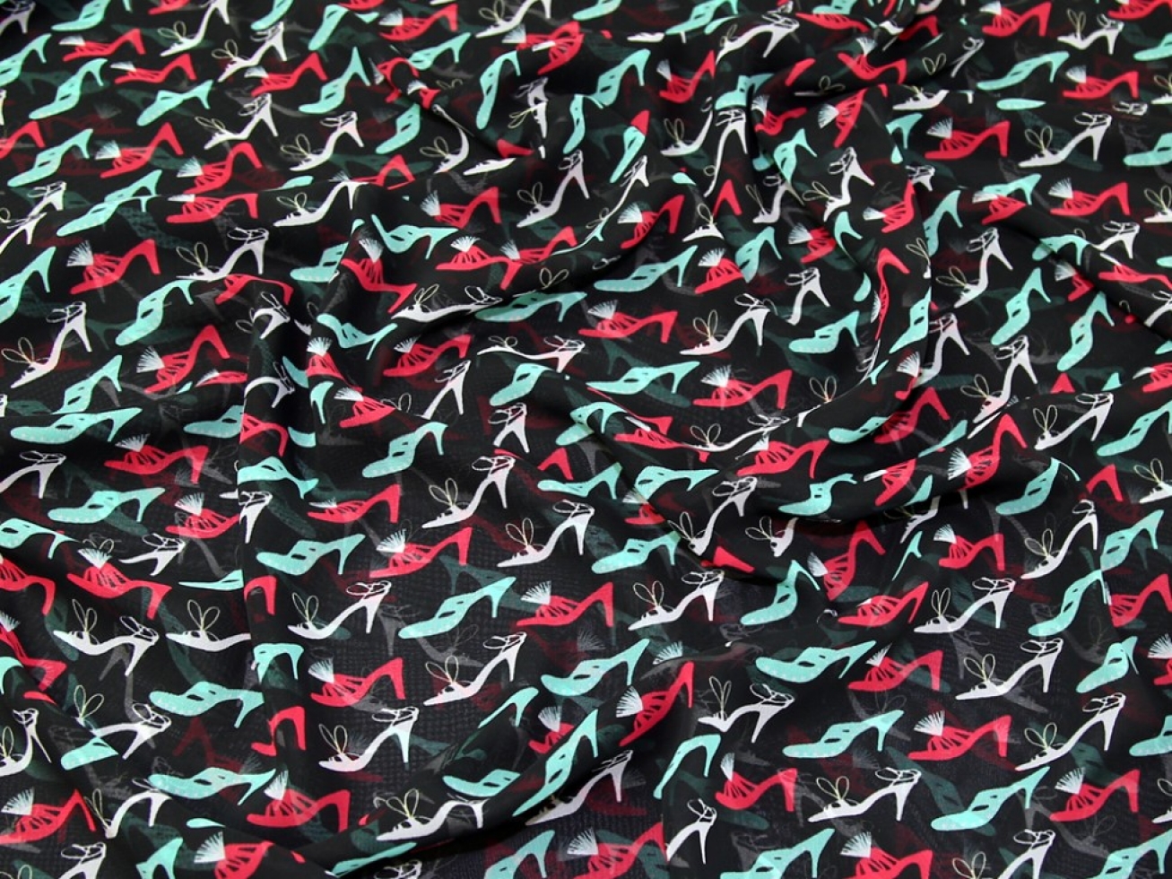 Sheer Chiffon Fabric Red & Mint on Black