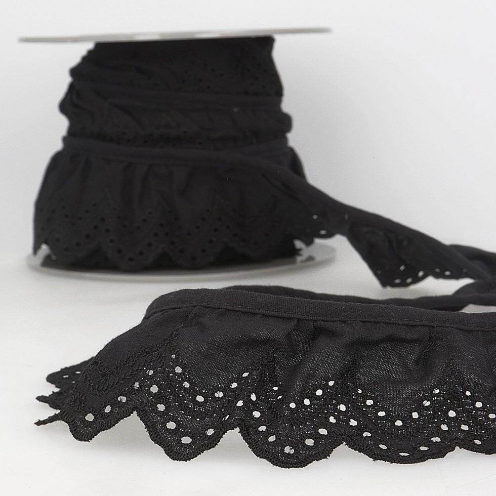 Stephanoise Eyelet Gathered Lace Trim Black