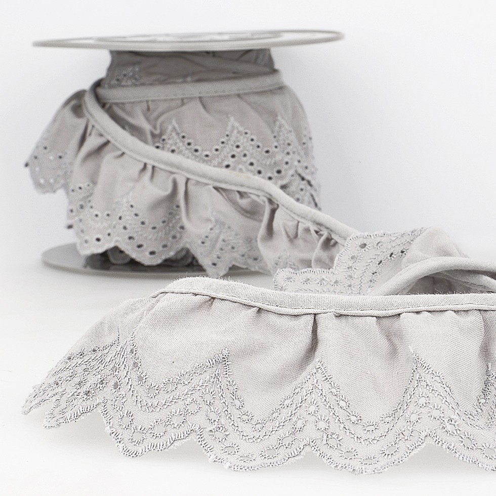 Stephanoise Eyelet Gathered Lace Trim Light Grey