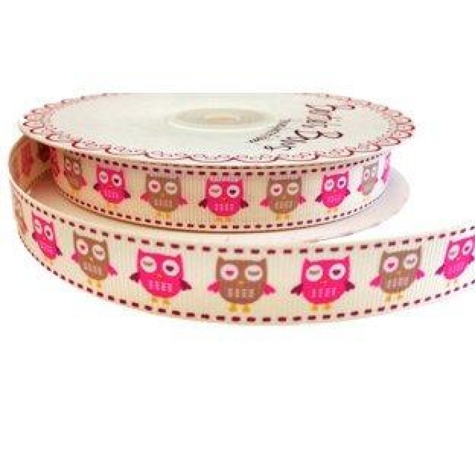 Bertie's Bows Owl Grosgrain Ribbon Pink