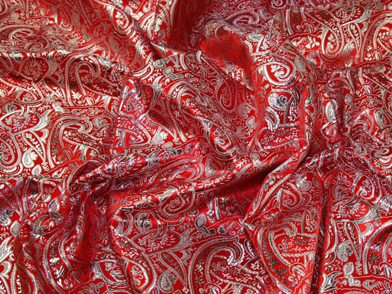 Metallic Woven Brocade Fabric Red & Silver