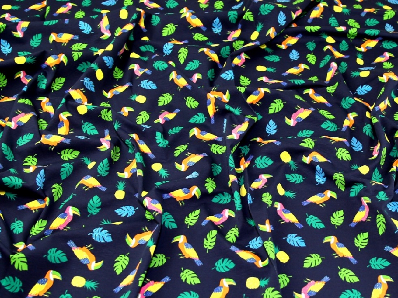 John Louden Glitter Cotton Jersey Stretch Knit Fabric Multi on Navy