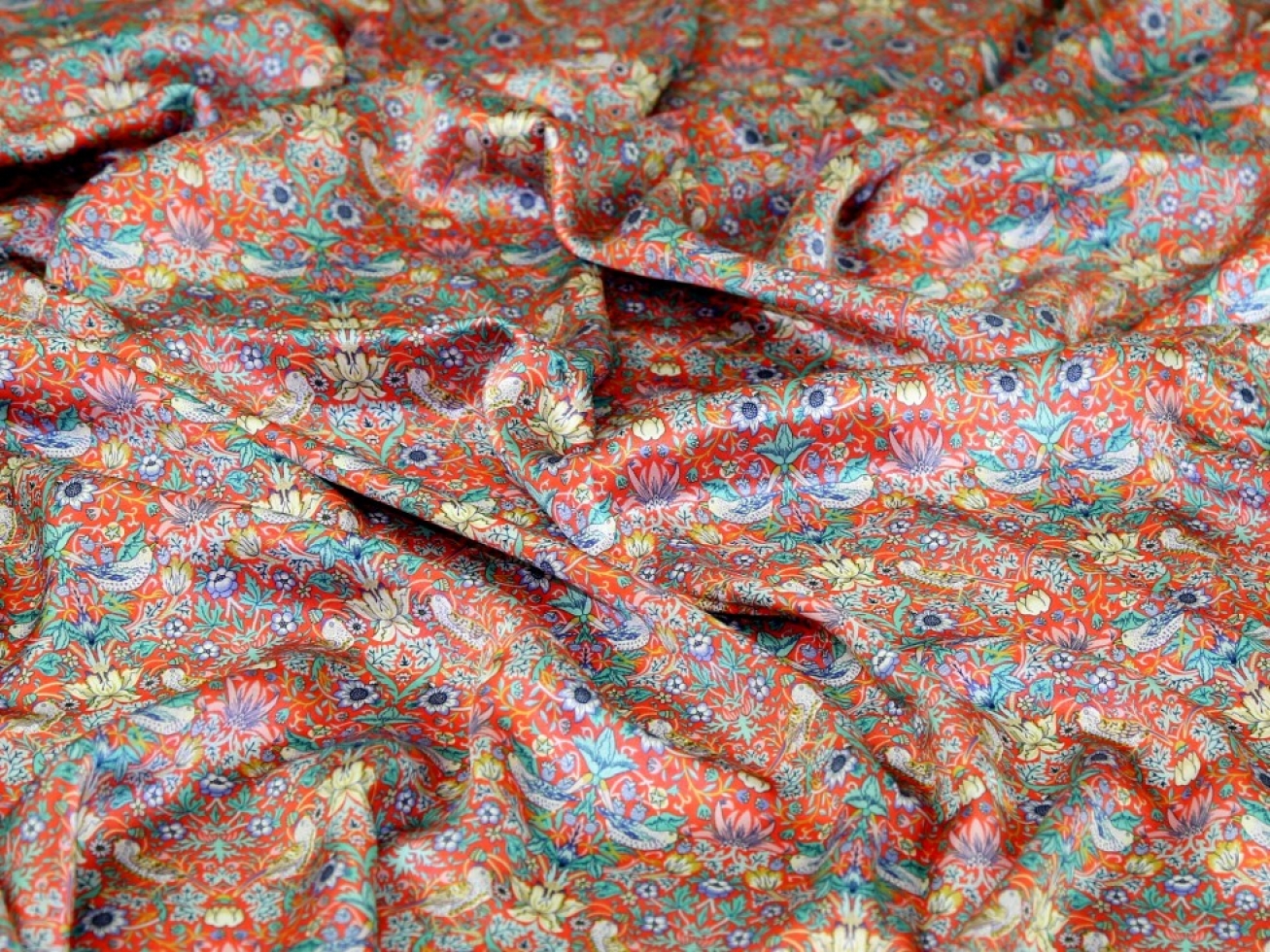 Liberty London Strawberry Thief II Belgravia Silk Satin Fabric Coral