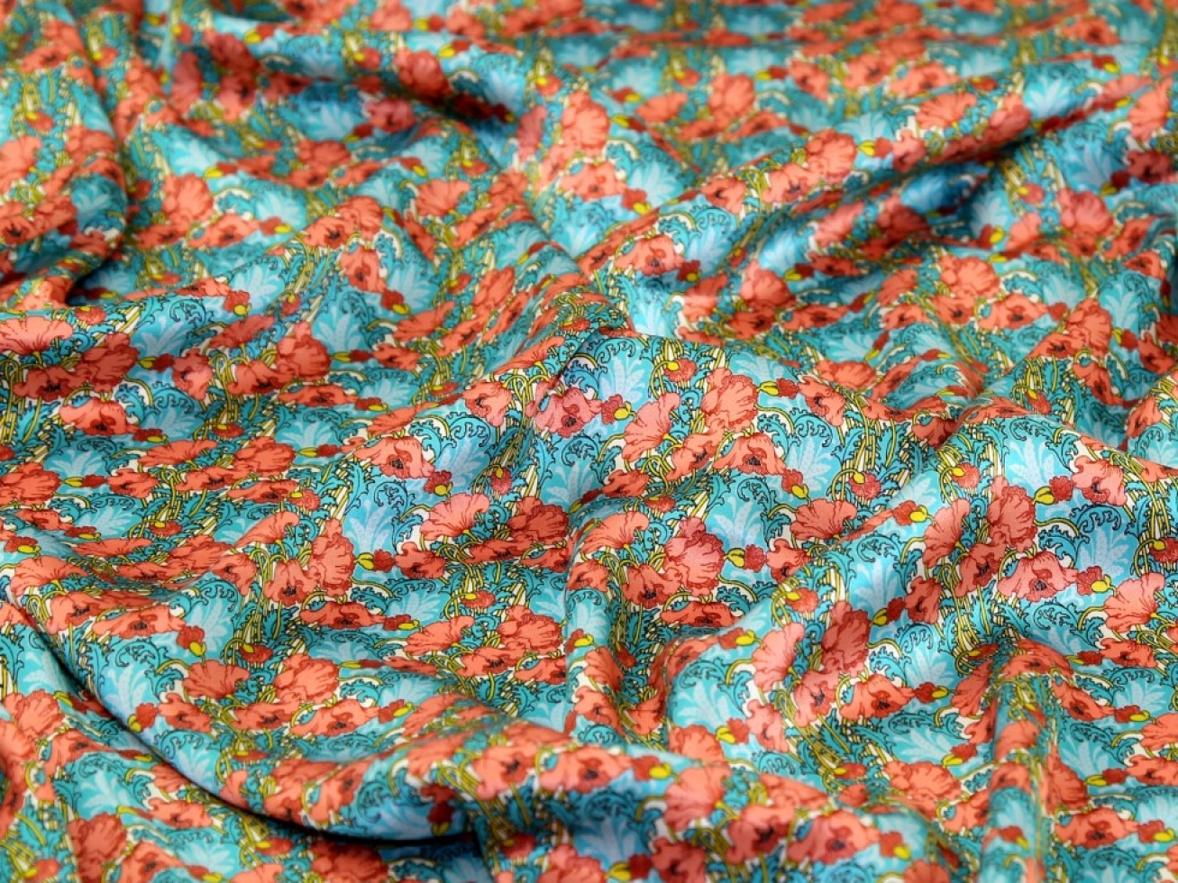 Liberty London Clementina Belgravia Silk Satin Fabric Coral & Aqua