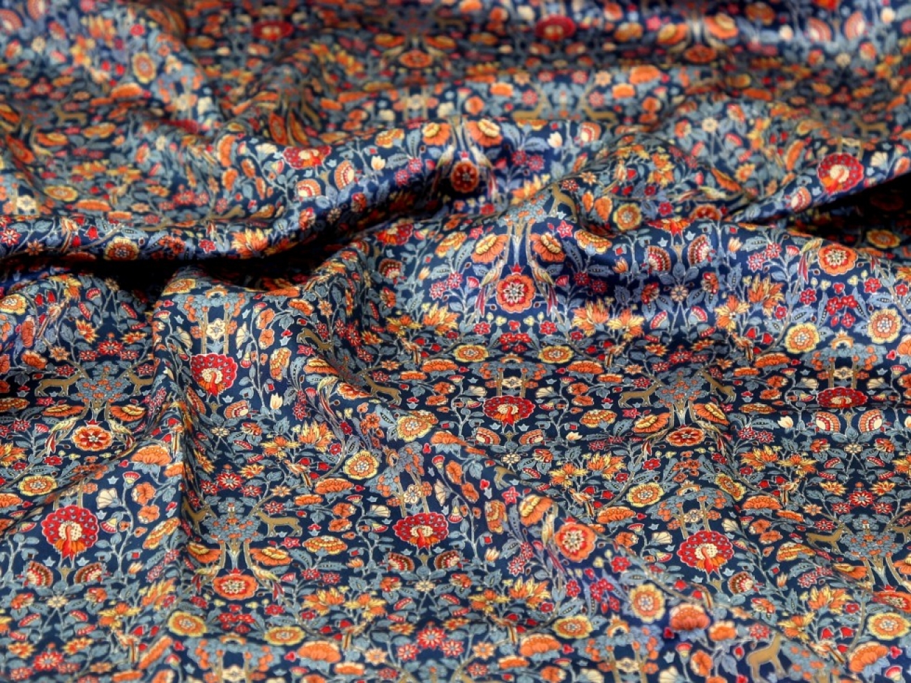 Liberty London Palmeira Belgravia Silk Satin Fabric Red on Navy