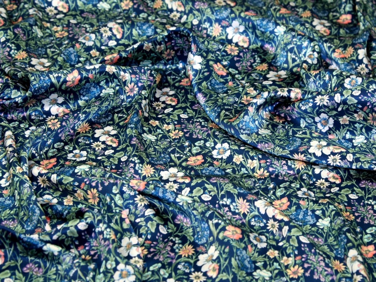 Liberty London Rachel Meadow Belgravia Silk Satin Fabric Teal Blue