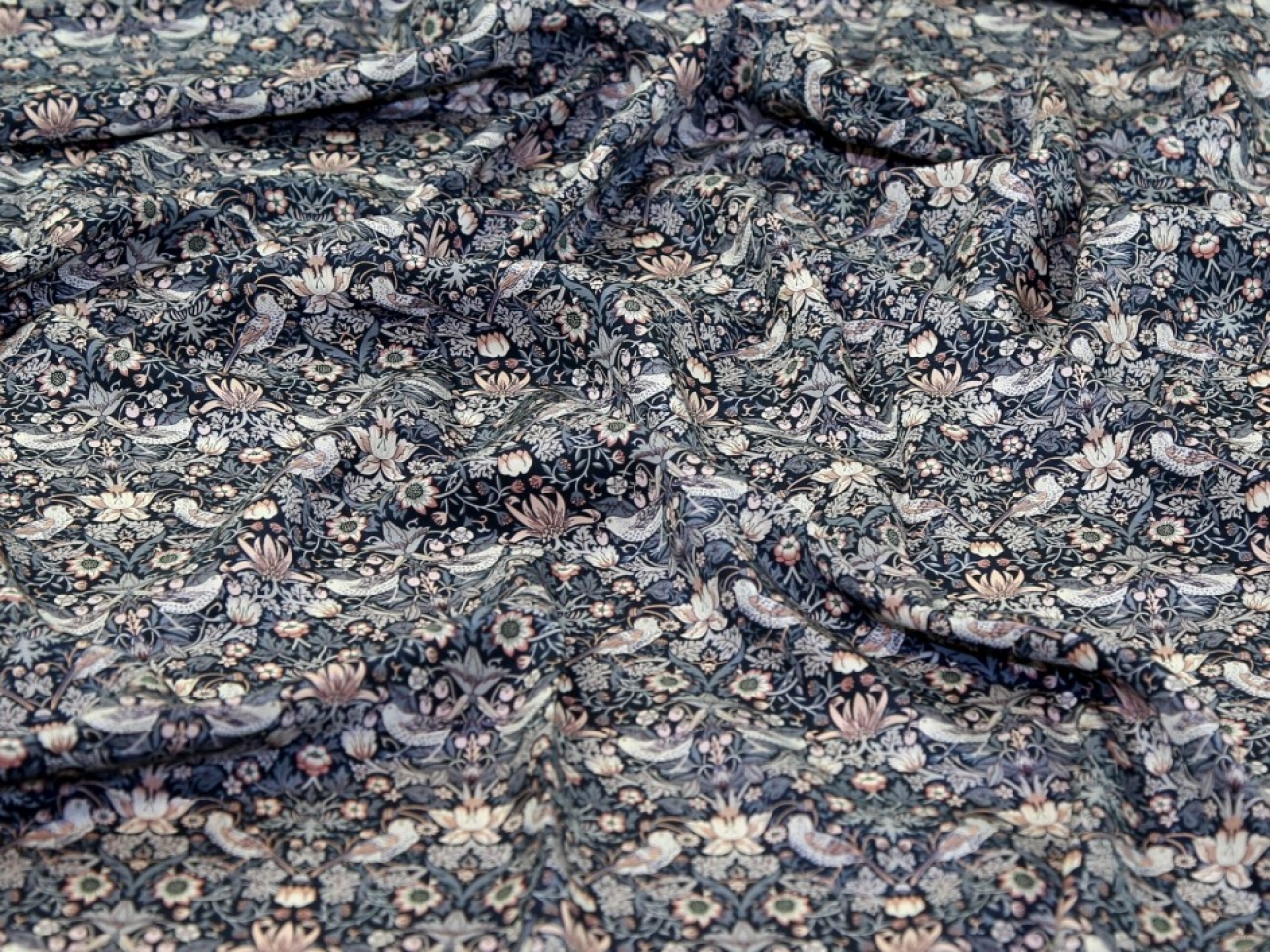 Liberty London Strawberry Thief II Kensington Silk Crepe de Chine Fabric Midnight