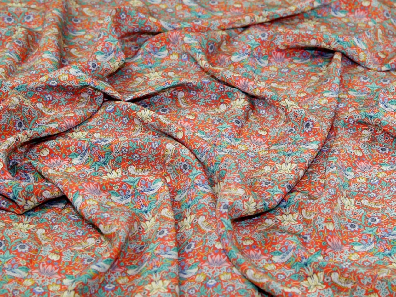 Liberty London Strawberry Thief II Kensington Silk Crepe de Chine Fabric Coral