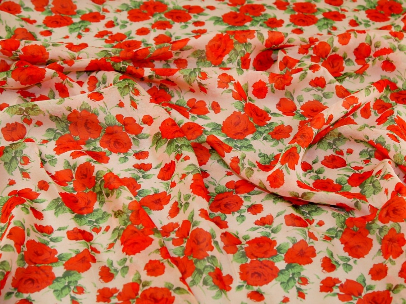 Liberty London Carline Rose Regent Silk Sheer Chiffon Fabric Red on Peach