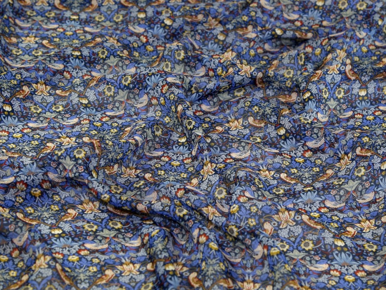 Liberty London Strawberry Thief II Regent Silk Sheer Chiffon Fabric Blue