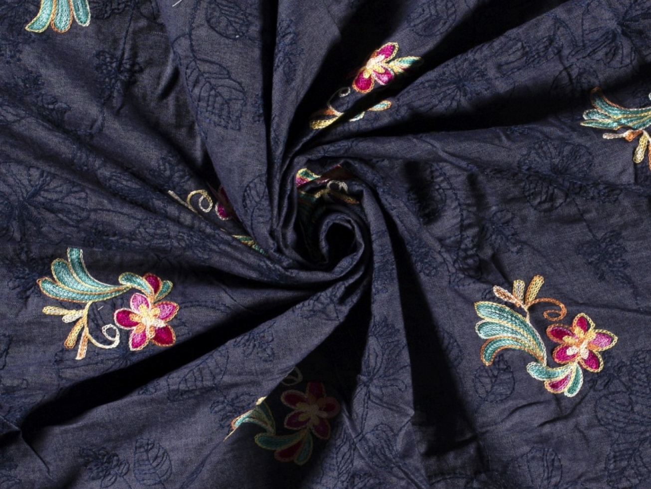 Embroidered Cotton Denim Fabric Navy