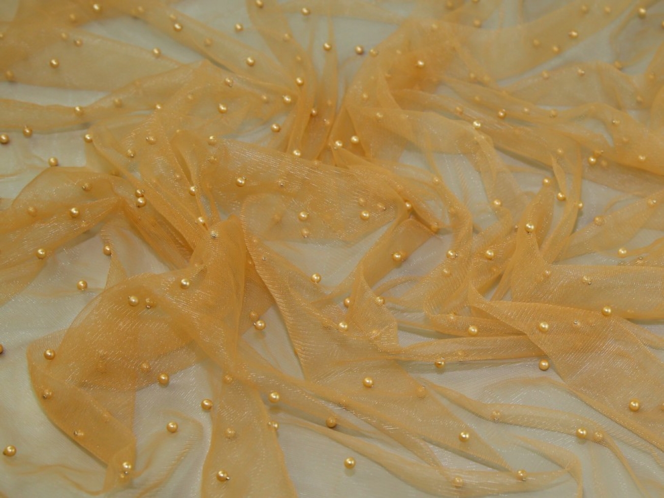 Beaded Tulle Net Fabric Camel