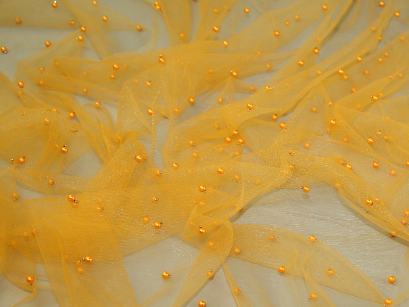 Beaded Tulle Net Fabric Mustard
