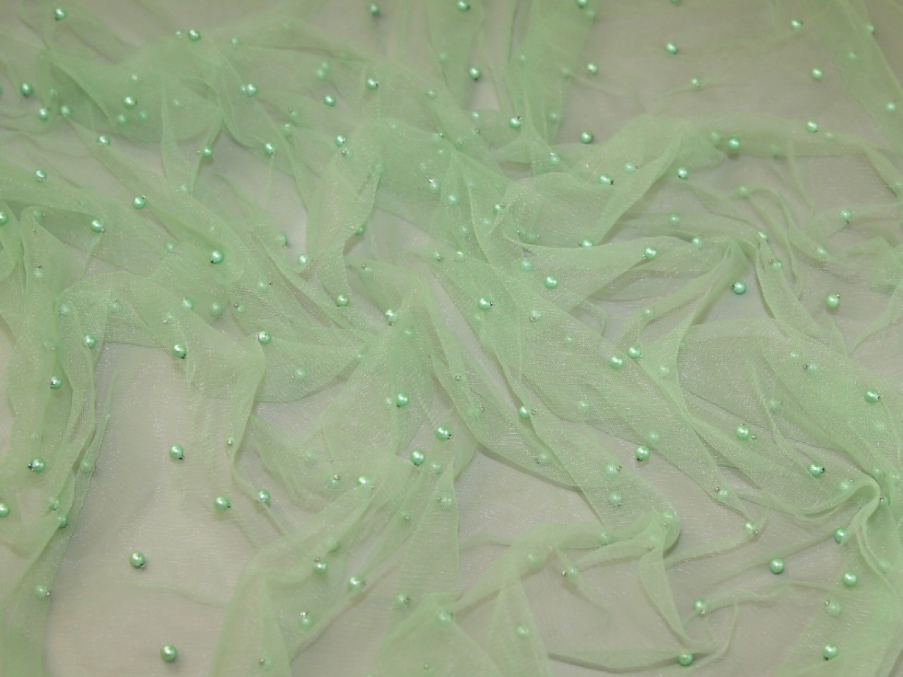 Beaded Tulle Net Fabric Soft Green