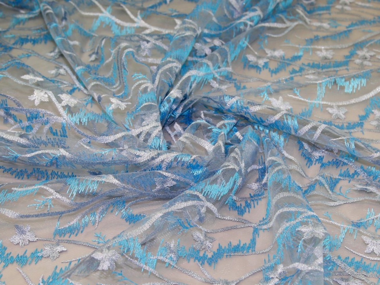 Embroidered Lace Tulle Fabric Light Blue