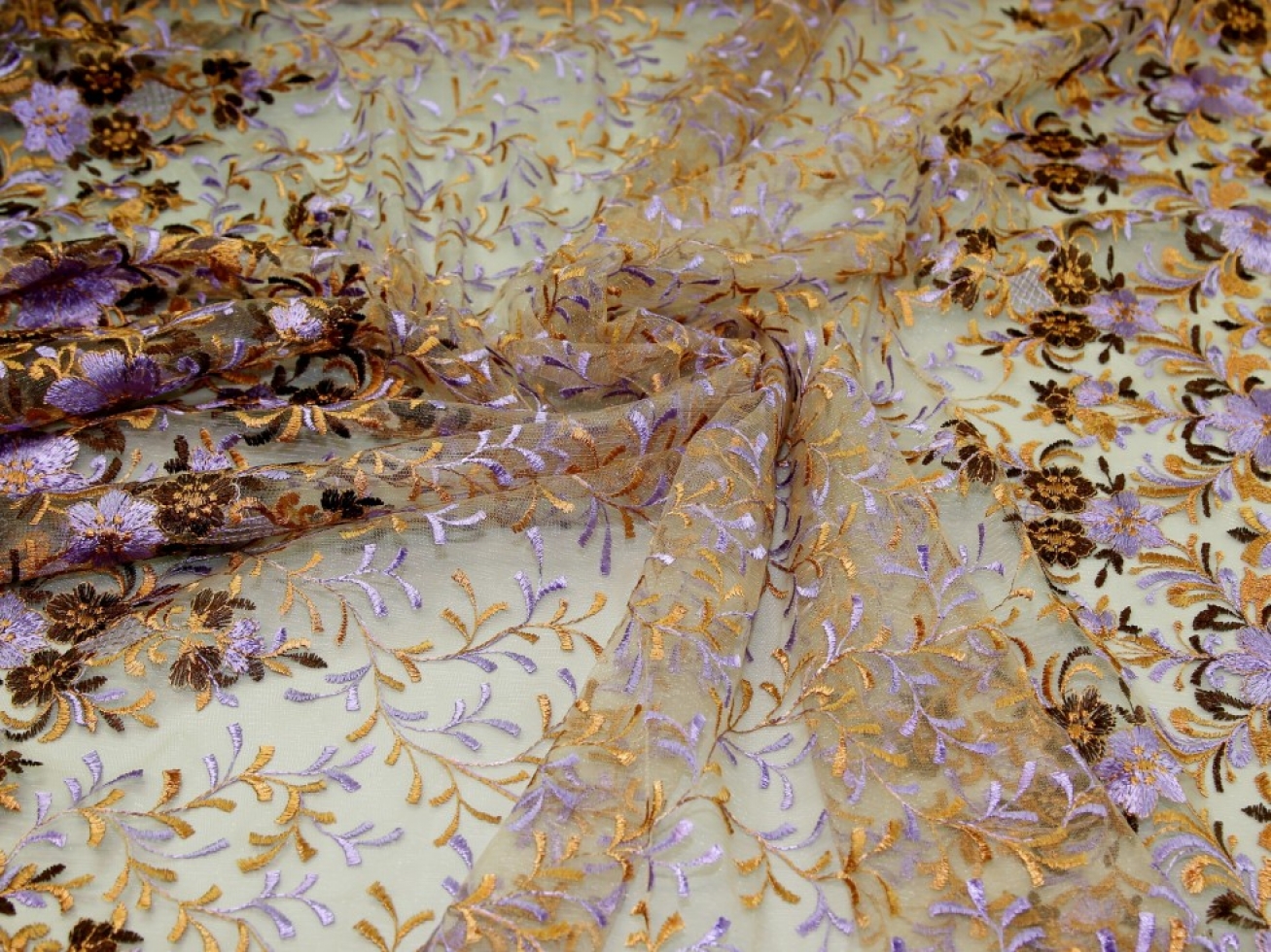 Embroidered Lace Tulle Fabric Chestnut