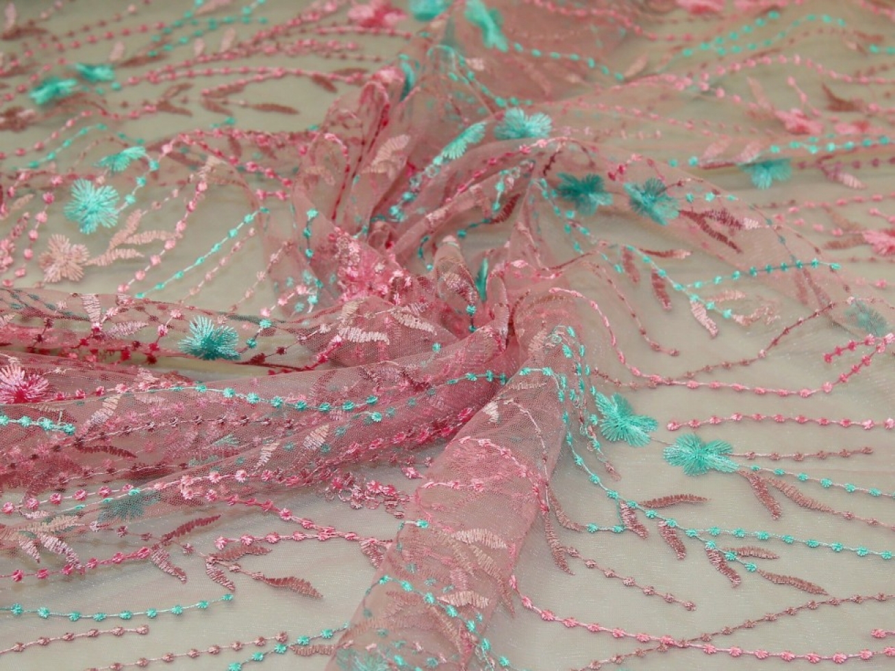Embroidered Lace Tulle Fabric Pink
