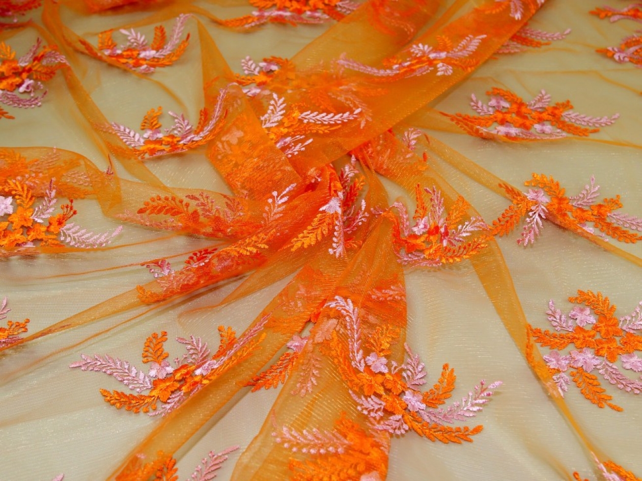 Embroidered Lace Tulle Fabric Orange