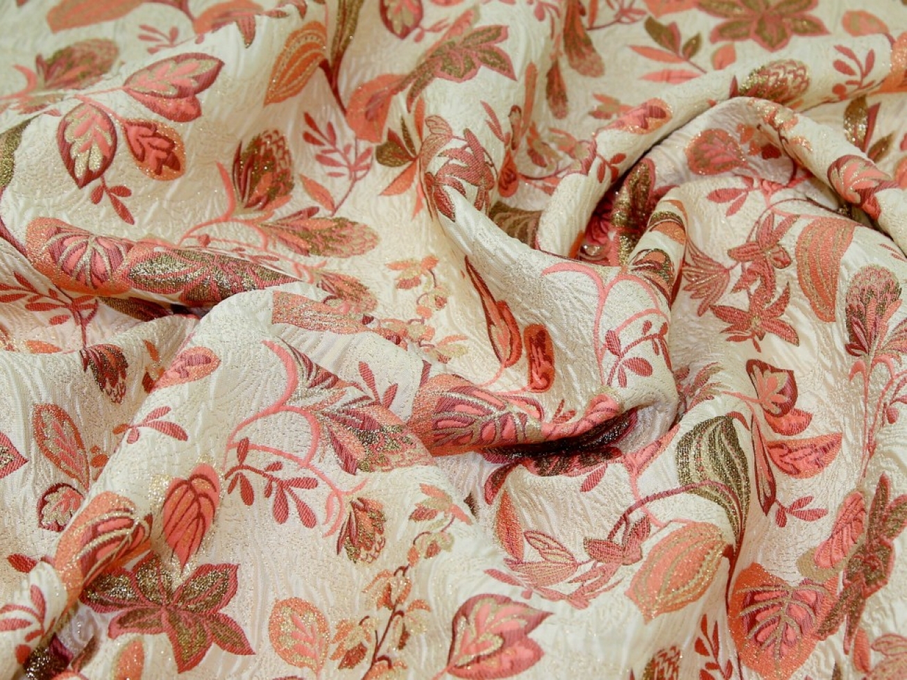 Metallic Woven Brocade Fabric Peach