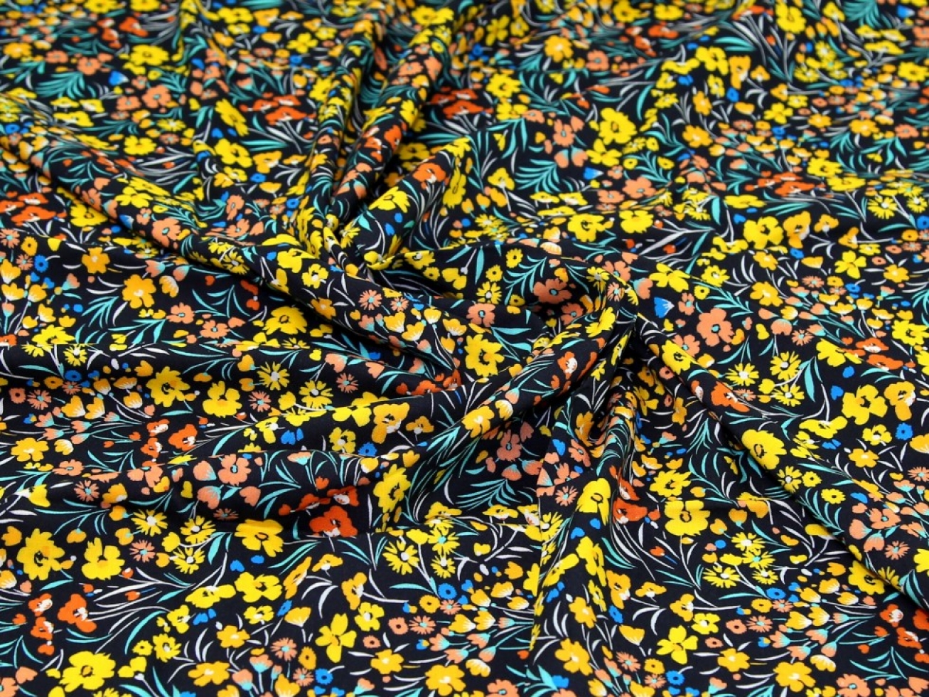 John Kaldor Fernando Viscose Challis Fabric Yellow Orange Turquoise