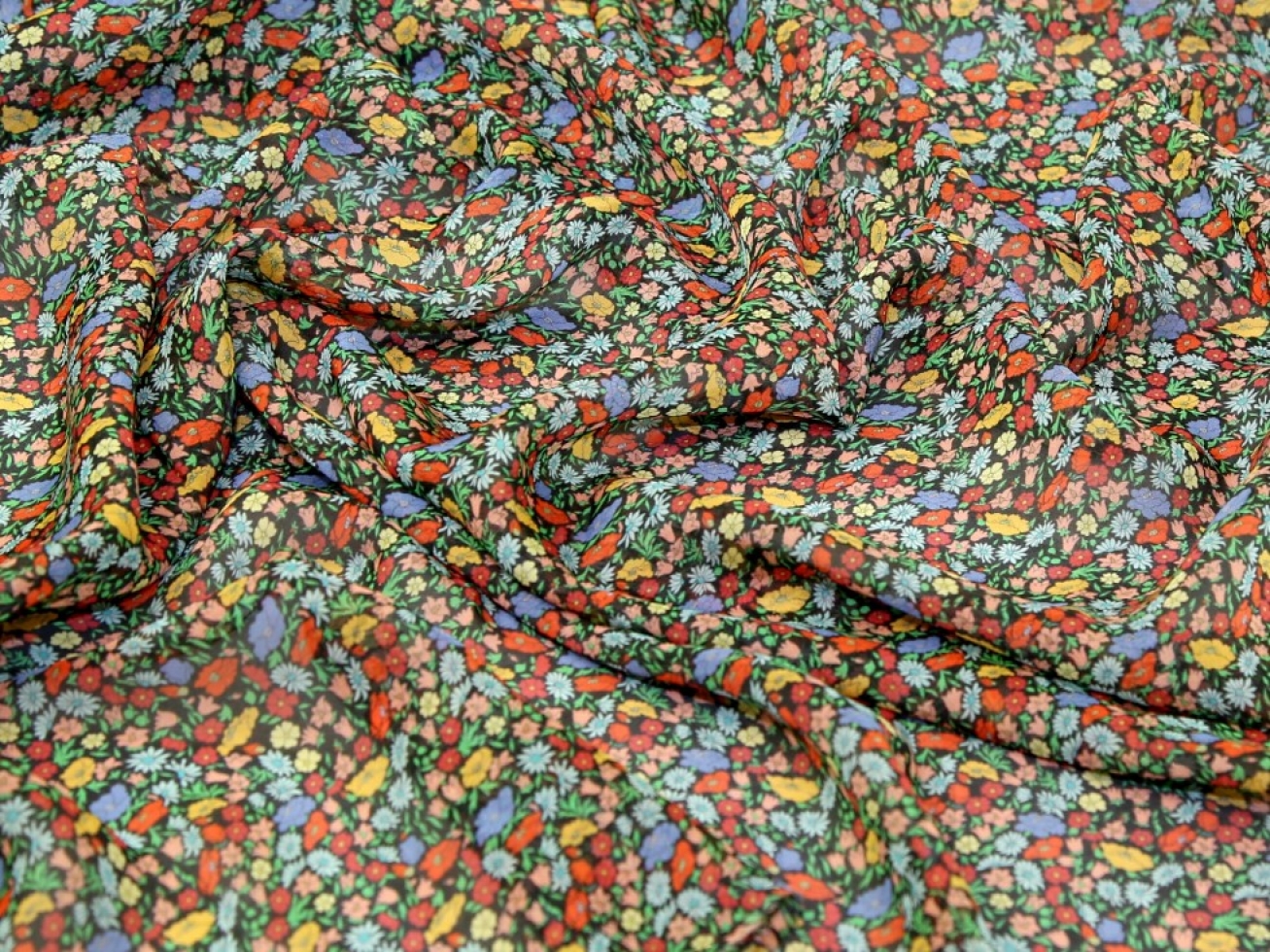 Liberty London Poppy Park  Regent Silk Sheer Chiffon Fabric Multi on Black