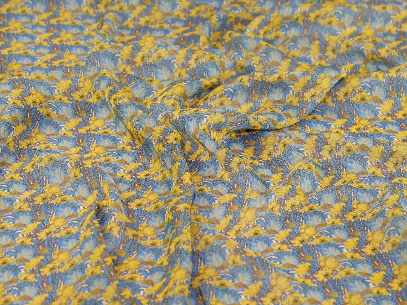 Liberty London Clementina Regent Silk Sheer Chiffon Fabric Yellow & Blue