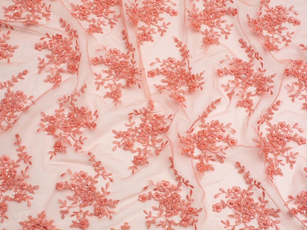 Minerva Core Range Beaded Embroidered Tulle Lace Fabric Coral