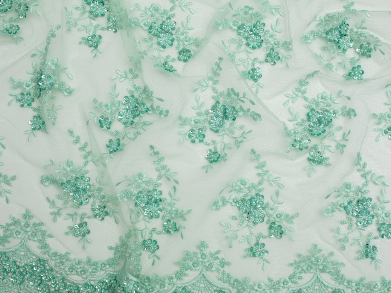 Minerva Core Range Beaded Embroidered Tulle Lace Fabric Turquoise