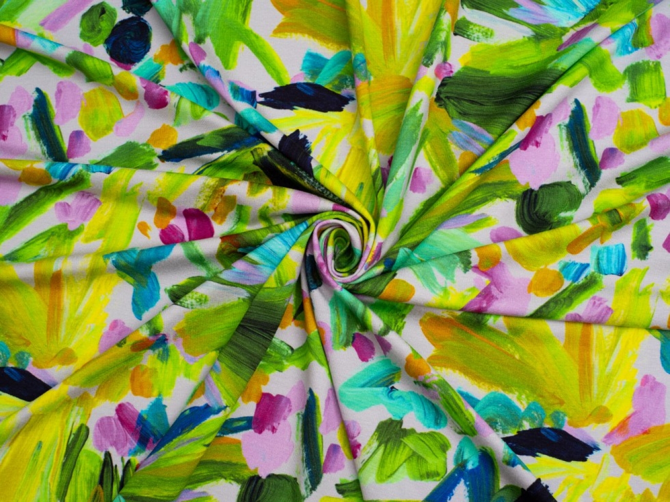 Minerva Exclusive Brushstroke Blooms Viscose Jersey Stretch Knit Fabric