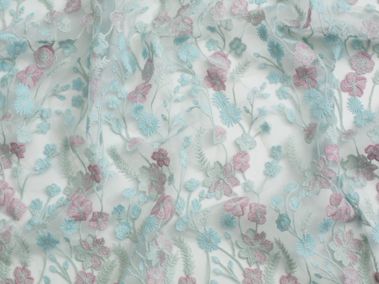Minerva Core Range Anna Embroidered Lace Fabric Blue & Pink