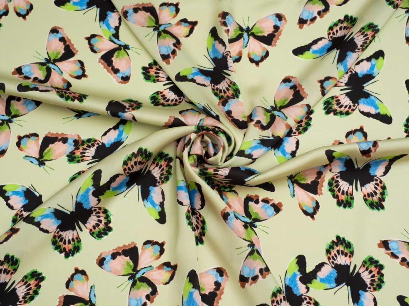 Minerva Exclusive Expressive Butterflies Charmeuse Silky Satin Fabric Brimstone