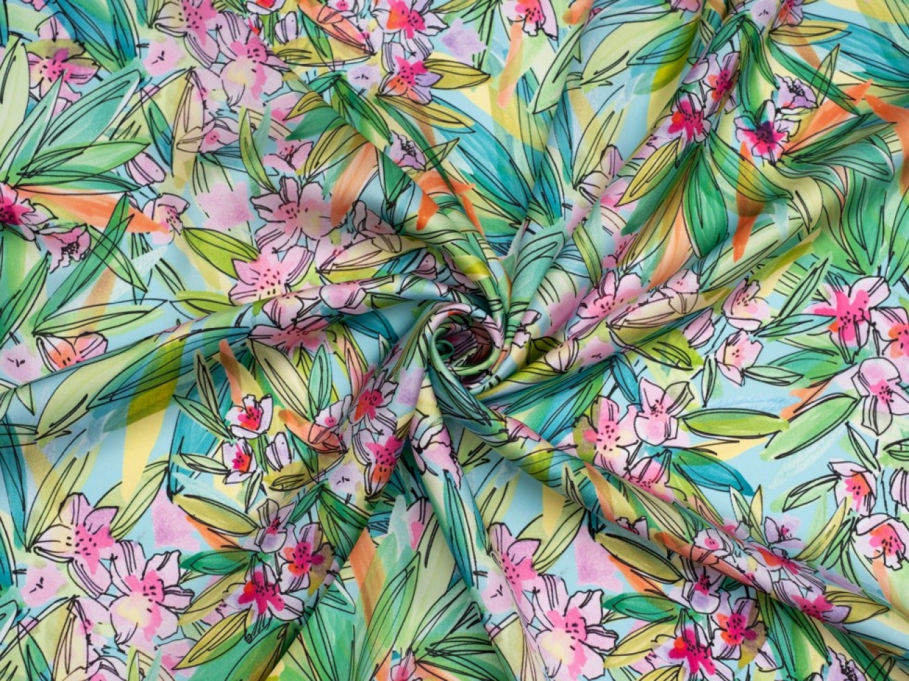 Minerva Exclusive Botanic Bower Charmeuse Silky Satin Fabric Breeze
