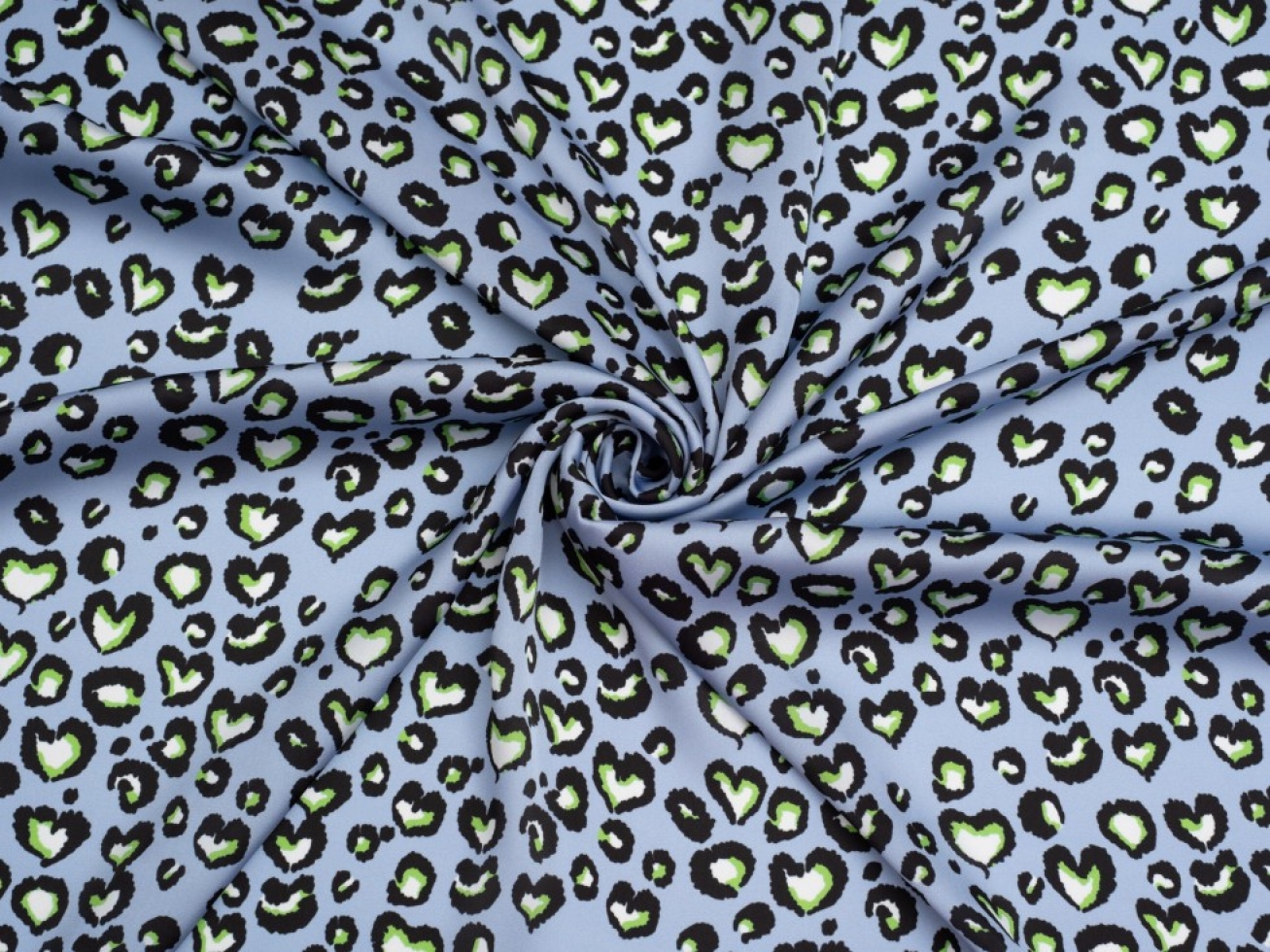 Minerva Exclusive Leopard Love Charmeuse Silky Satin Fabric Sky