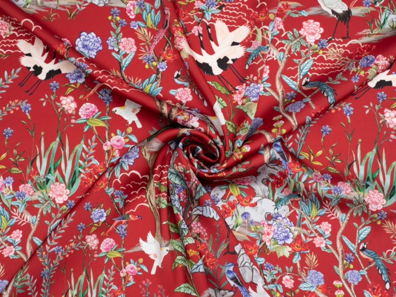 Minerva Exclusive Avian Garden Charmeuse Silky Satin Fabric Ibis