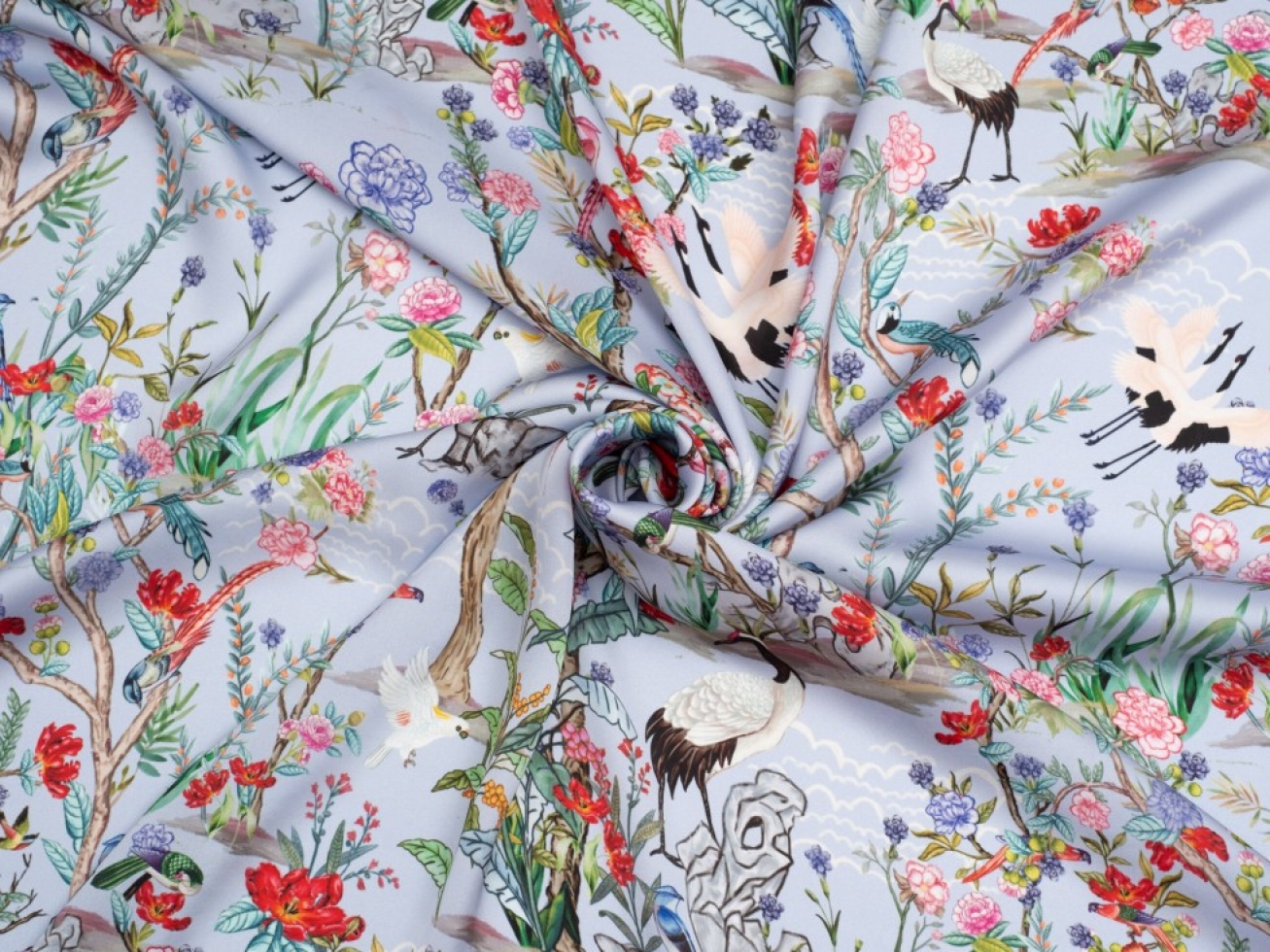 Minerva Exclusive Avian Garden Charmeuse Silky Satin Fabric Kingfisher