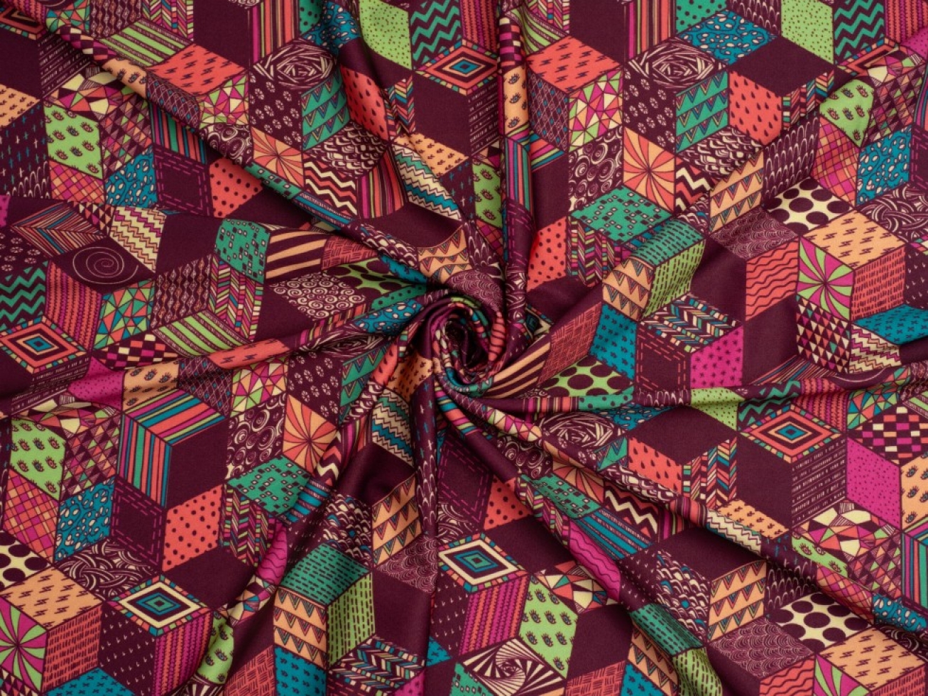 Minerva Exclusive Cryptic Cubes Glossy Activewear Lycra Stretch Knit Fabric Groovy