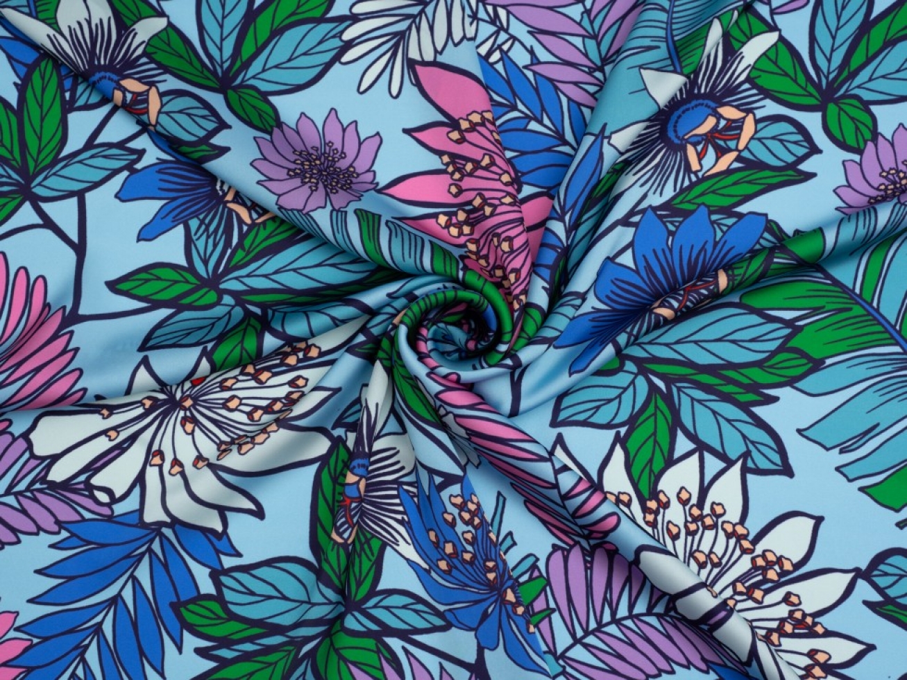 Minerva Exclusive Passionflower Palms Charmeuse Silky Satin Fabric