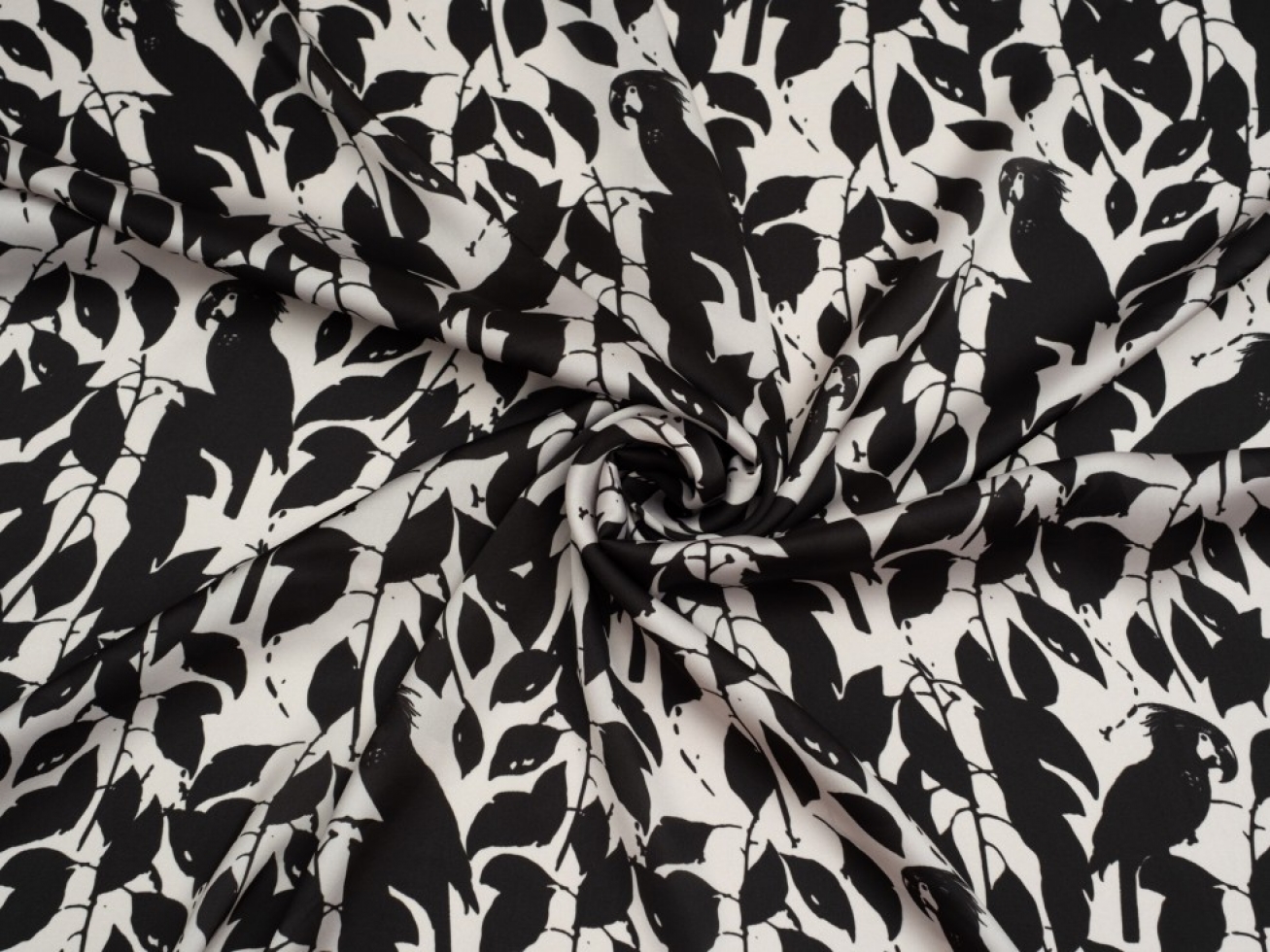 Minerva Exclusive Midnight Macaw Charmeuse Silky Satin Fabric Ivory