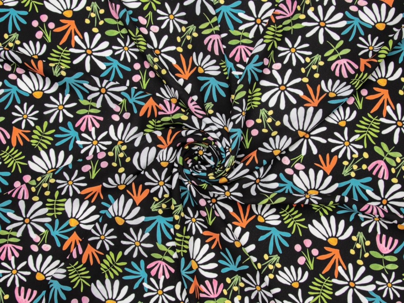 Minerva Exclusive Dawning Daisies Double Georgette Crepe Fabric Graphite