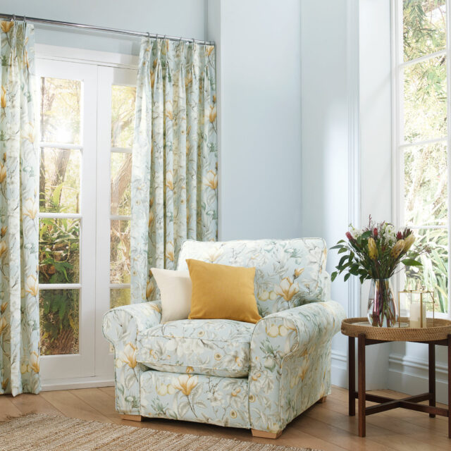 Iris & Magnolia - Soft Blue, Designer chair cover and curtains
