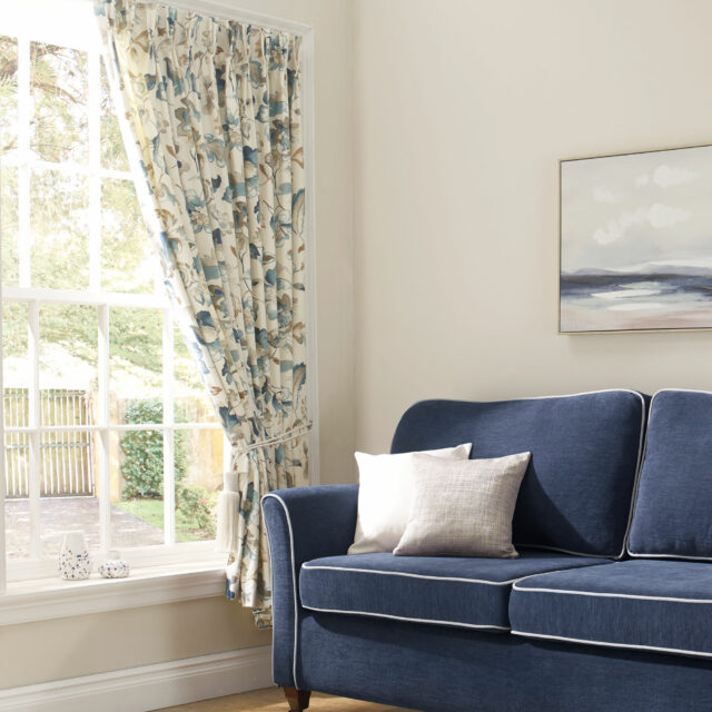 Shalimar, Cobalt Blue curtains with Maddison, Airforce sofa cover
