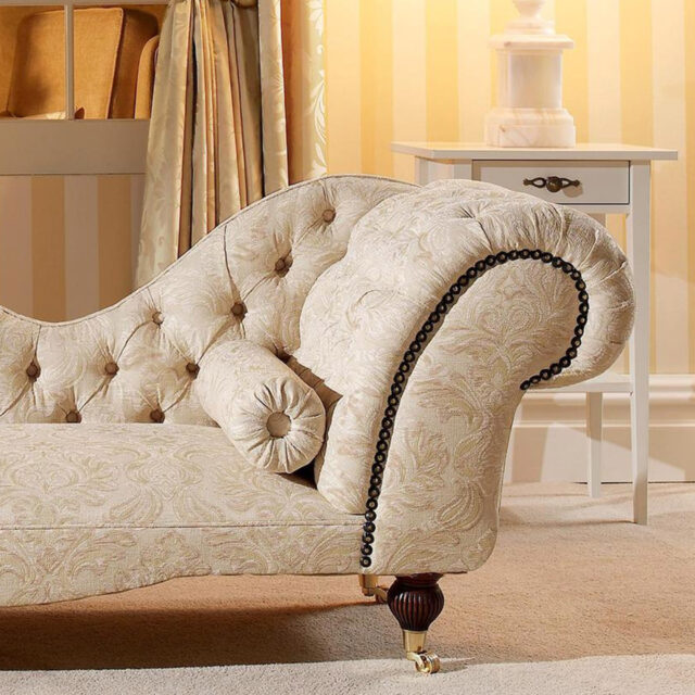 Sofa reupholstered in Titian Damask, Honey Cream