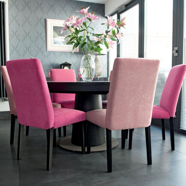 Dining Chairs Reupholstered in Cardinal, Fuchsia and Blush