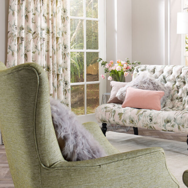 Chair in Perth Herringbone - Nettle, Sofa and Curtains in Peony - Blush